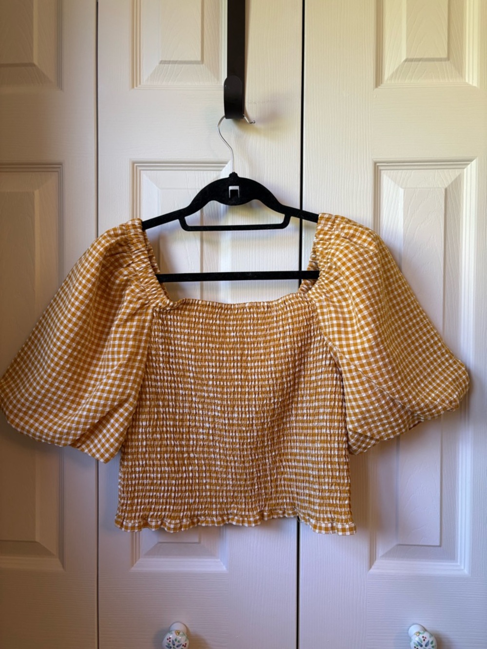 New: Yellow Gingham Smocked Puff-Sleeve Top (cropped)